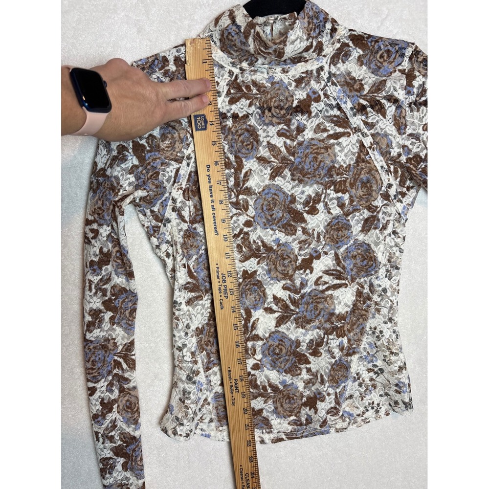 Free People Lyric Floral Lace Mock Neck Long Sleeve Top Brown Blue Rose Size M - Picture 10 of 11